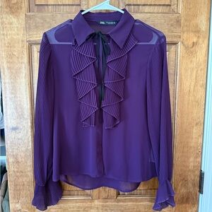 Zara Deep Purple Pleated Ruffle Tie-Neck Blouse